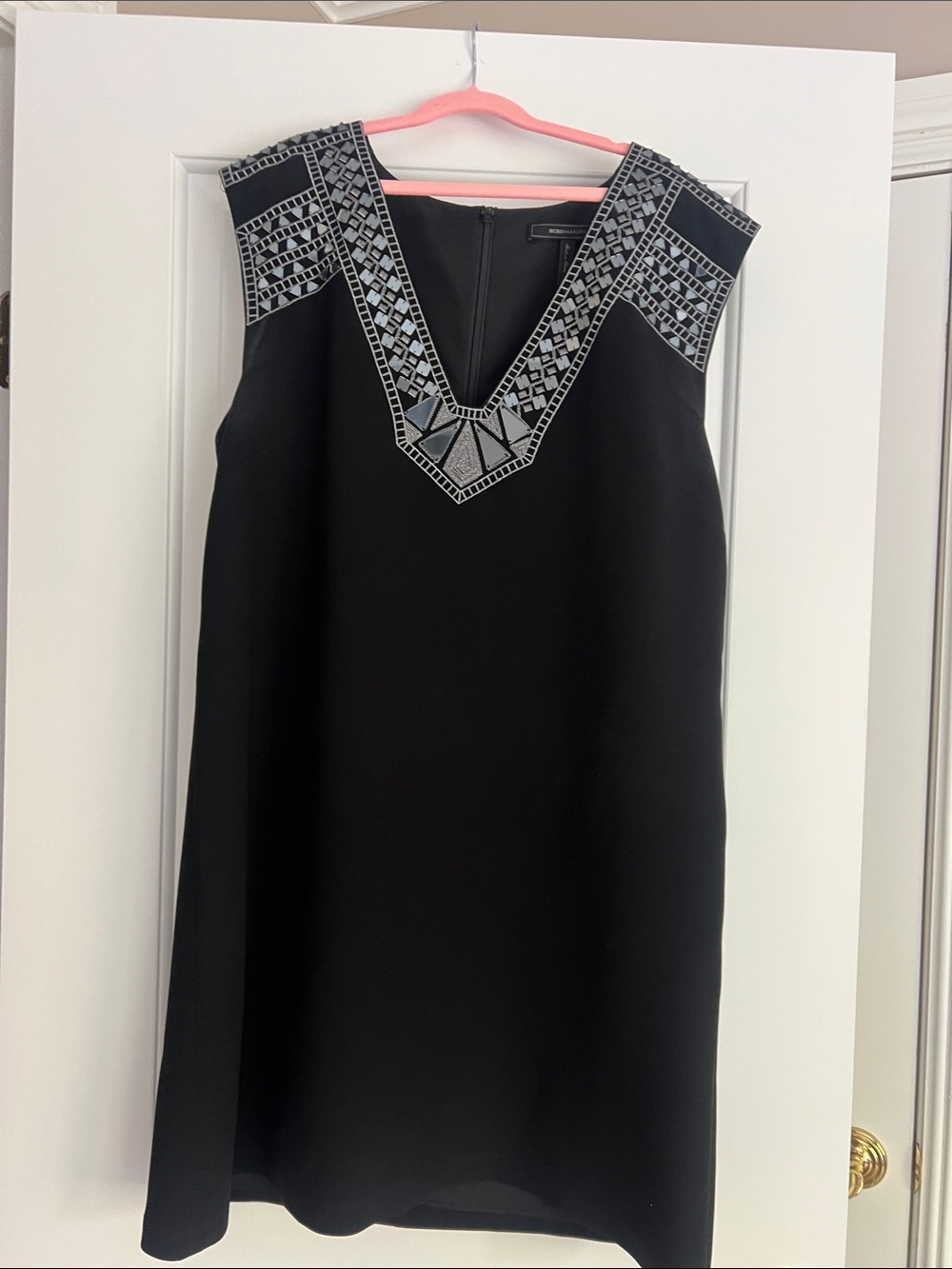 BCBG Maxazria Black Shift Dress with Silver Geometric Embellishment